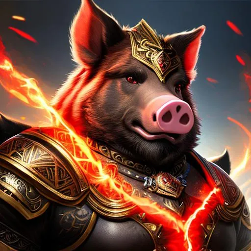 Prompt: an anthropomorphic Pig, mythological creature, large head, red glowing eyes, chest armor, muscled, highly detailed face and fur, dark skin, chiaroscuro, volumetric lighting, d&d character, oil on canvas, intricate detail