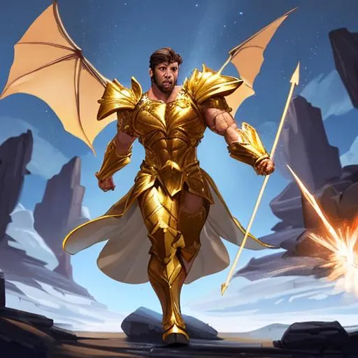 Prompt: Handsome Buff unidentifiable person in golden armor with a shining lance charging towards a dragon full body 64k resolution