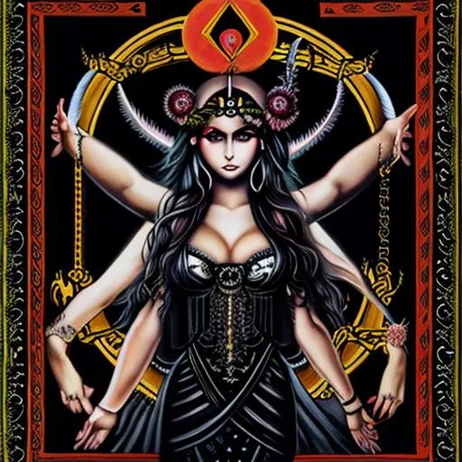 Prompt: a painting of a woman with a heart in her hands, occult art, ((((occult art)))), tool band art, portrait of a female demon, eldritch horror goddess, dark goddess with six arms, vitruvian woman, female ascending, oil canvas of lucifer, eldritch goddess, peinture d'une fée sanguinaire