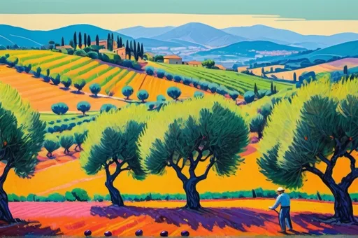 Prompt: (vibrant landscape of an Italian olive oil farm), (two middle-aged men harvesting olives), rolling green hills, majestic mountains in the background, (David Hockney style), bold colors, dynamic compositions, high contrast, (expressive brush strokes), warm sunlight illuminating the scene, lively atmosphere, (ultra-detailed), engaging and immersive, inviting viewers into the rural charm of olive harvesting.