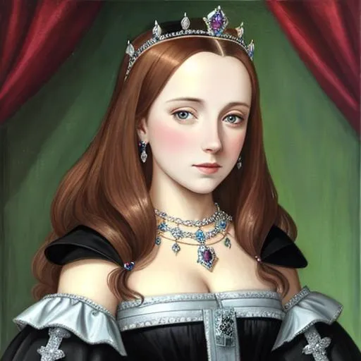 Prompt: Royal Queen Katherine Howard, aged1 6, beautiful , with dark hair and eyes, wearing a tiara and beautiful jewels, 16th century