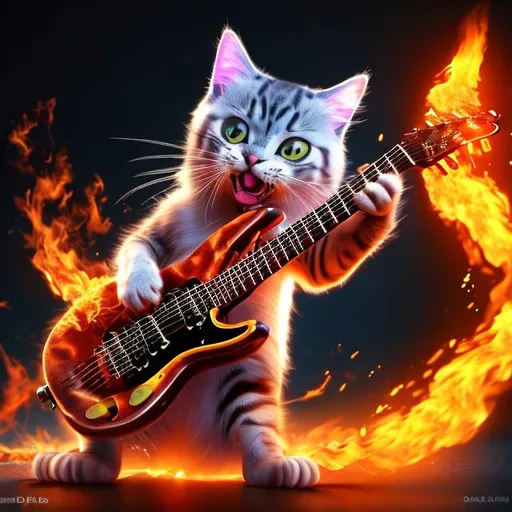 Prompt: cat playing the electric guitar, HD, high resolution, 4k, 3d, third person, make cat dance on its hind legs, add flames in background