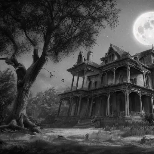 Prompt: A charcoal drawing of haunted mansion in the country, an old baren tree, bats flying, full moon