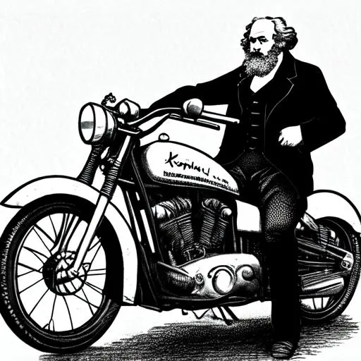 Prompt: Karl Marx on a motorcycle