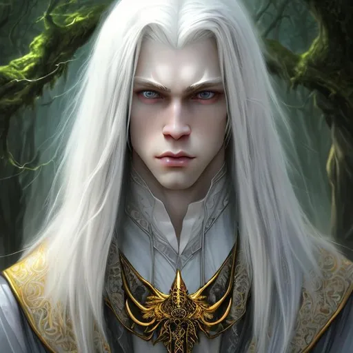 Prompt:  8K, HD, 3D, portrait of handsome albino male, portrait of noble strong wizard, pale beautiful face, grey stunning eyes, extra long white straight hair, elegant green wizard clothes, intricate, detailed, charming male, light contrast, noble, perfect anatomy, gothic dark room ambient, perfect male beauty, golden ratio