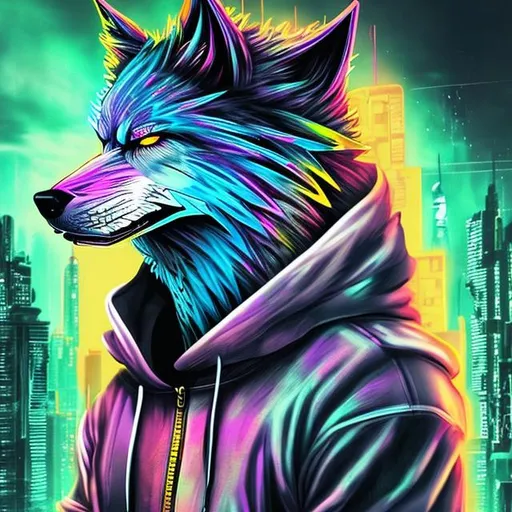 Prompt: colorful cyberpunk wolf
 with hoodie

