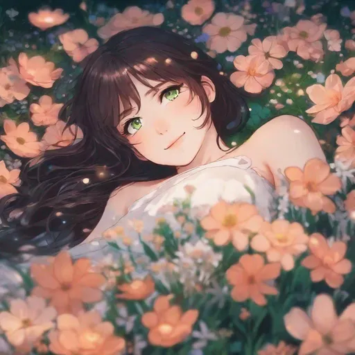 Prompt: close up shot, anime, girl, lying in a bed of flowers, headshot, deliriously happy, midnight, moonlight, dreamy filter, brunette, green eyes