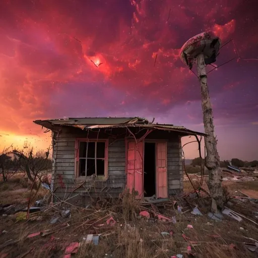 Prompt: old shack falling apart, no roof, purple sky, un-earthlike, red ground, acid rain, 8K, high resolution
