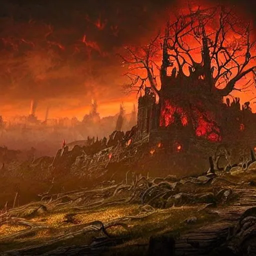 Prompt: The world of Elden Ring with the World Tree with a glowing yellow/red hue in the background and a decaying castle in the foreground and all of this overseeing the world of Elden Ring zoomed out over a large landscape with a gothic art style
