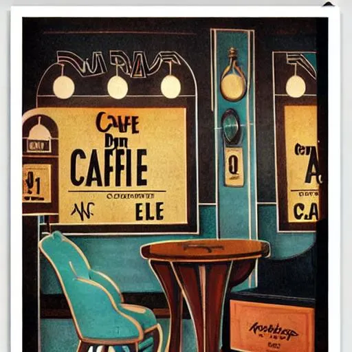 Prompt: Ad, old café, coffee, text, art deco, ad