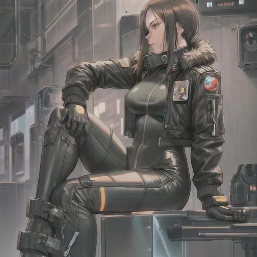 Prompt: mech pilot, flight jacket over high tech catsuit, sitting at bar, long brunette, one cybernetic hand, plugsuit, bomber jacket with fur collar, ghost in the shell, armored core, metal Gear solid, dive bar, drinking alone in the corner, dingy, lanky, sneaking suit, plug suit, interface suit, harness, pilot suit, d.va