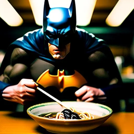 Prompt:  Batman eats ramen with chopsticks at a ramen shop, Highly detailed , telephoto , studio lighting, 40mm lens
