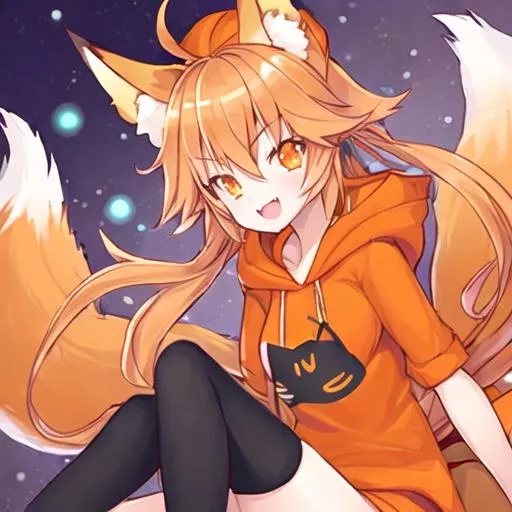 Prompt: 1girl, fox ears, happy face, fox tail, orange hoodie, 