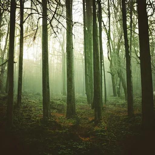 Prompt: A melancholic, dystopian forest that is the album cover for a metal band