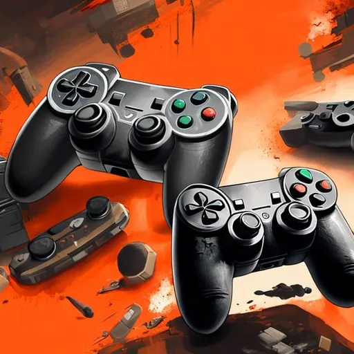 Prompt: many game controller at the background and paint the background with orange