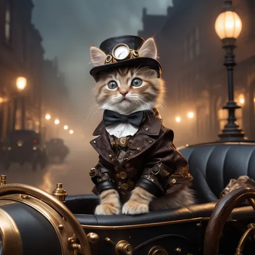 Prompt: A realistic tabby kitten dressed in an intricate steampunk costume, sitting confidently behind the wheel of a vintage steampunk car. The scene is set in 20th century London at night, shrouded in thick haze and swirling fog that blurs the glowing amber street lamps. The dark color scheme emphasizes deep browns, blacks, and metallic accents reflecting moody, atmospheric lighting. Gas lamps cast a warm, flickering glow on cobblestone streets, while the kitten’s curious eyes gleam with adventure. Barrel-shaped exhaust pipes hiss softly as the engine hums, hinting at steampunk machinery. The scene evokes a mysterious, fantastical ambiance with cinematic lighting, plush textures, and a richly detailed urban landscape fading into the mist.