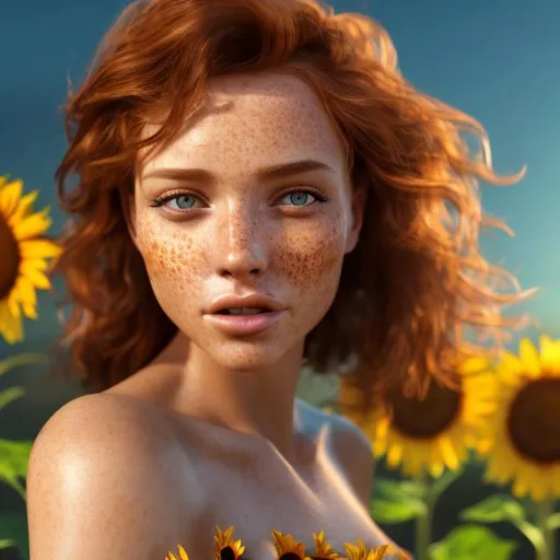 Prompt: HD 4k 3D professional modeling photo hyper realistic beautiful enchanting woman rustic wild auburn hair light brown skin freckles brown eyes gorgeous face yellow sundress magical sunflower landscape hd background ethereal mystical mysterious beauty full body