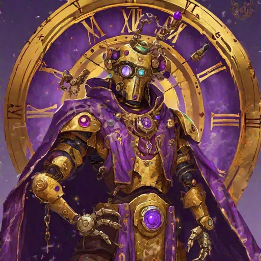 Prompt: dnd art, noble clockpunk robot god, fantasy, tattered gold and purple robes