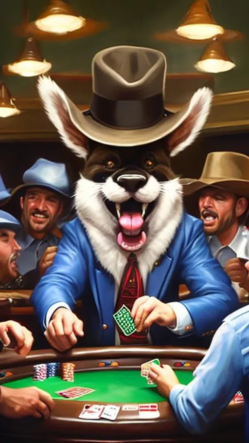 Prompt: high quality painting of a poker playing bandit yells, throwing his cards while the other players at poker table look concerned