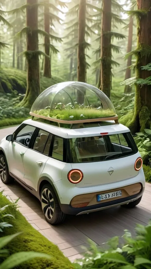 Prompt: A small, circular eco-friendly car made with transparent glass panels and a green roof covered in plants. The body is soft matte white with wooden accents. The car is driving through a lush forest, blending seamlessly with the surrounding nature, with trees and plants reflecting off the glass.