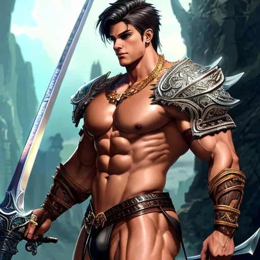 Prompt: fantasy art, illustration, intricate, hyper-detailed,  bare chested strong muscular, attractive male bodybuilder, male warrior character, muscular jawline, angelic face, beautiful, masculine face, full body pose, muscular legs, high resolution, leather thong,  detailed images, clear sharp resolution, short hair, no-armor, barbarian, sword, weapon, greatsword