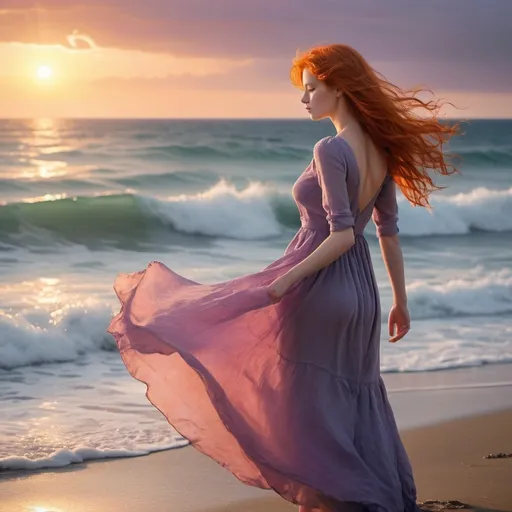 Prompt: On a windswept beach, a beautiful red-headed woman stands alone, gazing out at the vast expanse of the sea. Her fiery hair dances in the breeze, catching the sunlight and creating a halo of golden-red around her head.

Her eyes are a striking shade of green or blue, reflecting the colors of the ocean and sky. They hold a look of longing and hope, as if she's searching the horizon for a glimpse of her love returning to her.

She's dressed in a flowing dress that billows gently in the wind, accentuating her graceful silhouette. The dress is a vibrant shade of blue or green, complementing her red hair and adding to the overall picturesque scene.

In the distance, the sea stretches out endlessly, its waves crashing against the shore with rhythmic persistence. Seagulls soar overhead, their cries mingling with the sound of the surf, adding to the natural beauty and serenity of the setting.

The sky above is a canvas of soft pastel hues, with shades of pink, orange, and purple blending together as the sun begins to set. The warm glow of the setting sun bathes the scene in a romantic light, enhancing the woman's beauty and adding to the emotional depth of the moment.

Overall, the scene captures the essence of a beautiful red-headed woman waiting by the sea for her love. It's a timeless and romantic image that evokes feelings of love, longing, and hope.








