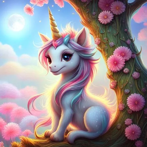 Prompt: Glittering close up cute and adorable colorful Unicorn gremlin widely smiling creature on a tree, filigree, long striped tail, reflective eyes, flowers, rim lighting, lights, extremely fluffy, detailed eyes. magic, surreal, fantasy, digital art, Alice in Wondeland style, wlop, artgerm and james jean, extremely detailed teeth, cute teeth, , kids story book style, muted colors, watercolor style