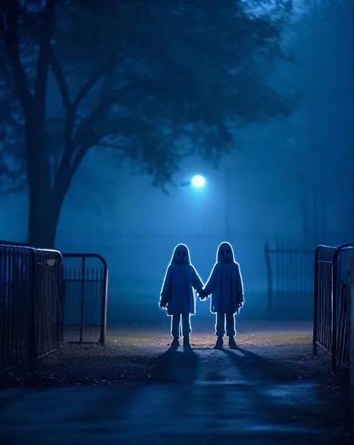 Prompt: Pale ghostly children holding hands stand eerily on an abandoned playground at night, partly obscured by fog. Shot in chilling blue hour lighting with shallow depth of field. Haunting, unsettling, nightmare fuel.