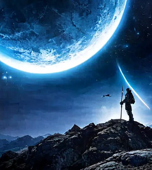 Prompt: Warrior holding a sword standing on a hill under the moonlight and the moon is replaced by a futuristic planet  cinematic.