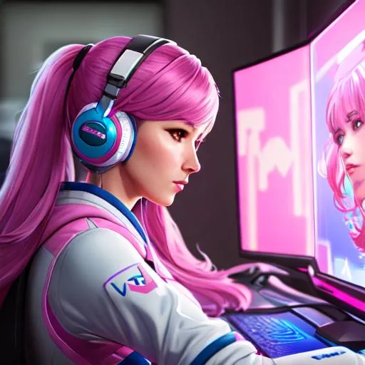 Prompt: 4K, 16K, picture quality, high quality, highly detailed, hyper-realism, skinny woman, hana song from overwatch, d.va from overwatch, playing games, pink an blue hair, gaming girl