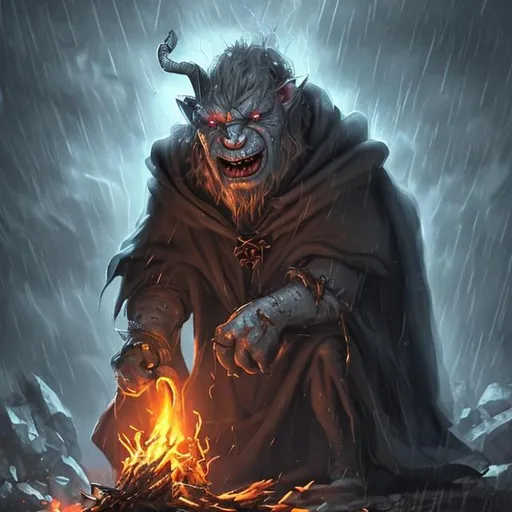 Prompt: a big  grey troll with a cloak with metal pecies  and hood over his head sitting on and in his hand a big staff  maountain in theee distinacnce with a cartoon style while a storm and raining and thunder beseid him is demon looking dog and i bonfire in front of him