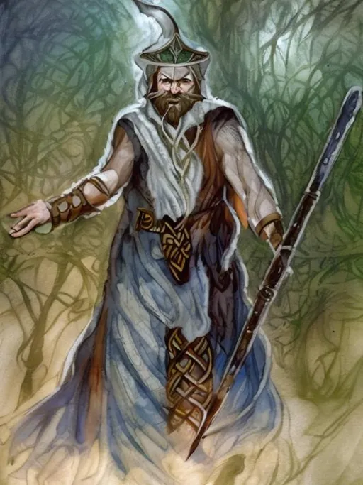 Prompt: Celtic pagan warrior and wizard side by side
