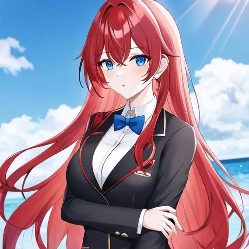 Prompt: Haley 1female (long red hair pulled back, lively blue eyes. Wearing a tuxedo. UHD,