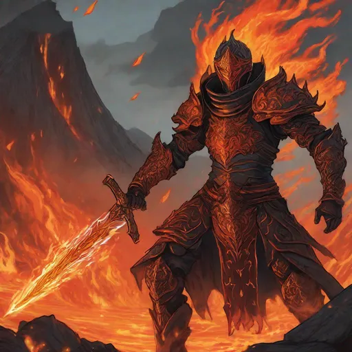 Prompt: a young humanoid being covered in flames. He wears a lava armor and a wields a fire sword. In background a roaring vulcano. Changeling the Dreaming art. Rpg art. 2d art. 2d. well draw face. Detailed. Changeling the Dreaming art. Rpg art. 2d art. 2d. well draw face. Detailed. 