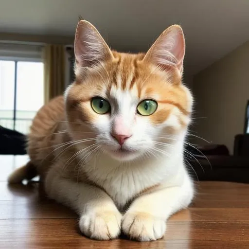 Prompt: Highly detailed, super pixelated, best quality rendered, ultra realistic, super quality, 64k, 4k, subject in this image is a White-Brown Cat sitting on a table, beautiful Yellow-brownish eyeballs, super detailed Cat's Furs, beautiful but dangerous looks