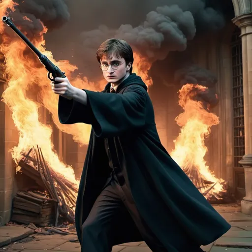 Prompt: Harry Potter with rifle fight against Voldemort before London Palace in fire, cartoon mode