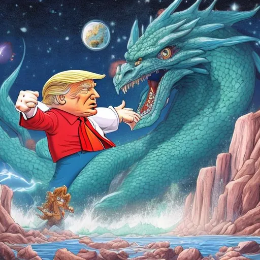 Prompt: Realistic cartoon. Donald Trump holding a gun riding a bear in a river. A meteor is crashing down behind them and from that meteor a dragon reaches out with a clawed hand with that being the ONLY visible part of the dragon.