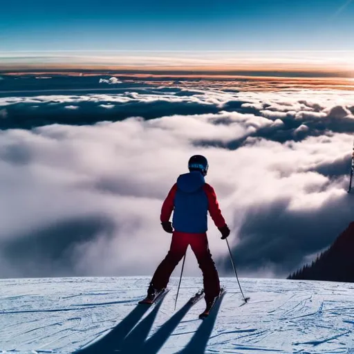 Prompt: The point of view of a skier on a mountain at sunset above the clouds