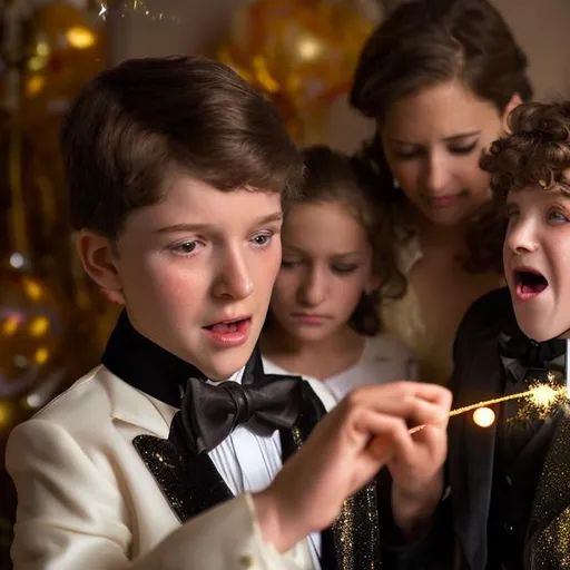 Prompt: 13 year old boy in a tuxedo casts a gold sparkle magic spell with his magic wand on a 5 year old girl. Girls mom screams in the background not knowing what kind of spell he cast on her daughter 