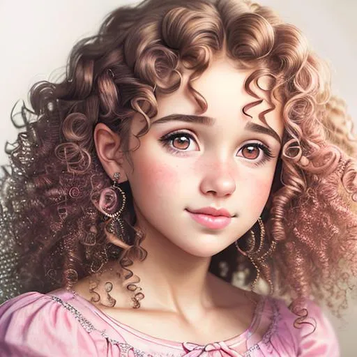 Prompt: 
 realistic portrait of a very beautiful young girl cute nose perfect lips intricate girlish charm curly hair, wearing pink, closeup
