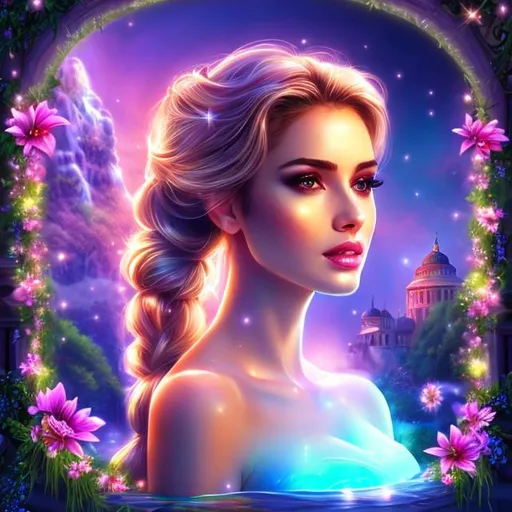 Prompt: HD 4k 3D 8k professional modeling photo hyper realistic beautiful woman ethereal greek goddess of well being
green ombre hair ponytails brown eyes gorgeous face pale skin shimmering dress jewelry leaves and flower crown full body surrounded by magical glowing light hd landscape background tranquil pool with waterfall waterliles