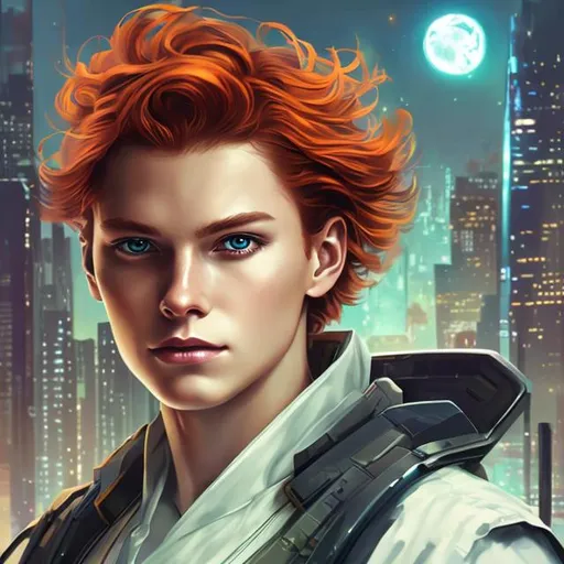 Prompt: attractive young man male scientist auburn hair hazel eyes serious futuristic solarpunk lab portrait realistic details photorealistic