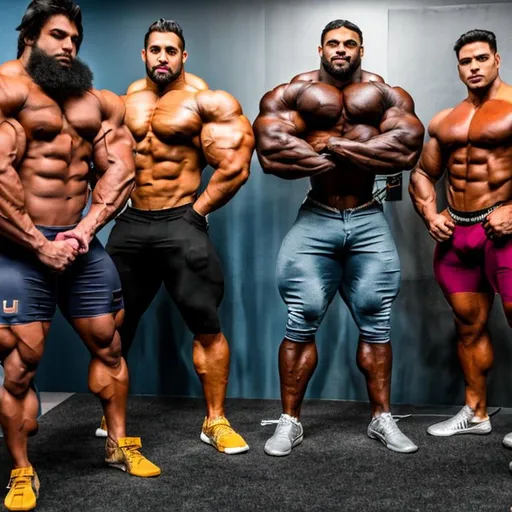 Prompt: A giant muscular model bodybuilder fills the room, dwarfing the other men 