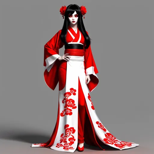 Prompt: Homestuck. Damara Megido. Fullbody view, plain background. Drag makeup, high quality render. Rupaul's drag race. Black hair, kimono, red shoes