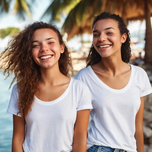 Prompt: A young woman, realistic, happy, full body,  look on camera ,on vacation ,wearing a white t-shirt