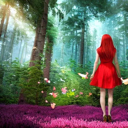 Prompt: A 3d render of a red haired young woman wearing a floral summer dress looking away at an enchanted forest surrounded by fairies with some books with natural sunlight peering through the thick tall trees with bright colours
