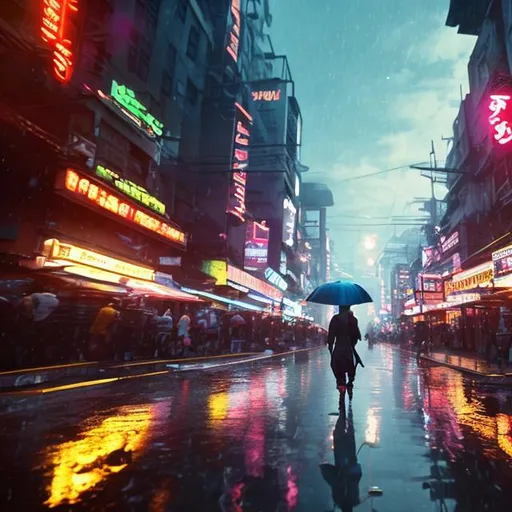 Prompt: Disrupting daily scene, realistic character, details, epic, realistic, photo, cinematic, floating lights, a bit of neon, diffusion, umbrellas in the sky, rising sun, reflective wet ground