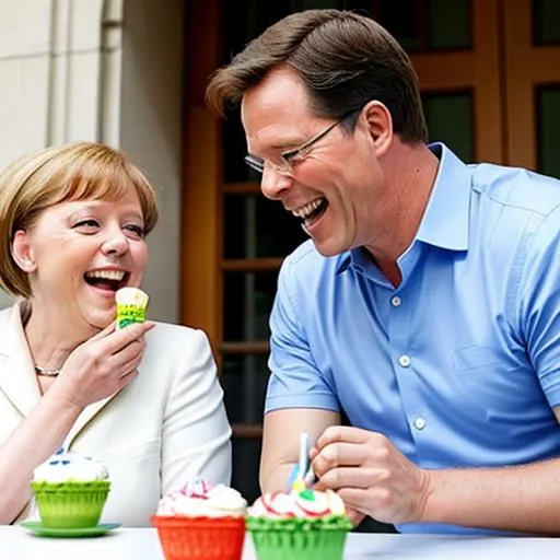 Prompt: Laughing Mark Rutte and Angela Merkel eat icecream