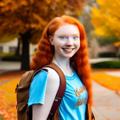 Prompt: photorealistic portrait of a transgender woman, smiling, with natural red hair and natural red eye brows, in a blue dress, with a brown backpack, on a college campus, on an autumn day