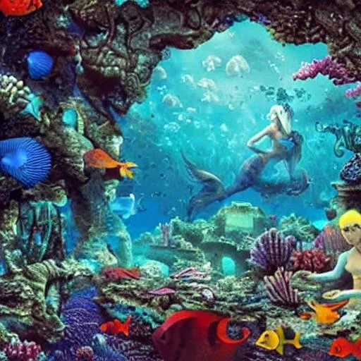 Prompt: An underwater city where humans and mermaids live together in harmony
